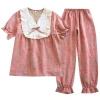 Yarn-dyed lace short-sleeved shirts and long pants for women's spring and summer underwear and home wear, all-cotton thin home pajama set Item Picture